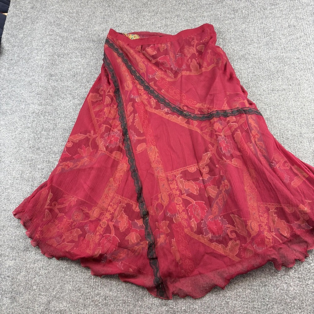 Koos Of Course Skirt Womens 12 Red Floral Silk Chiffon Long Boho Lace Tiered